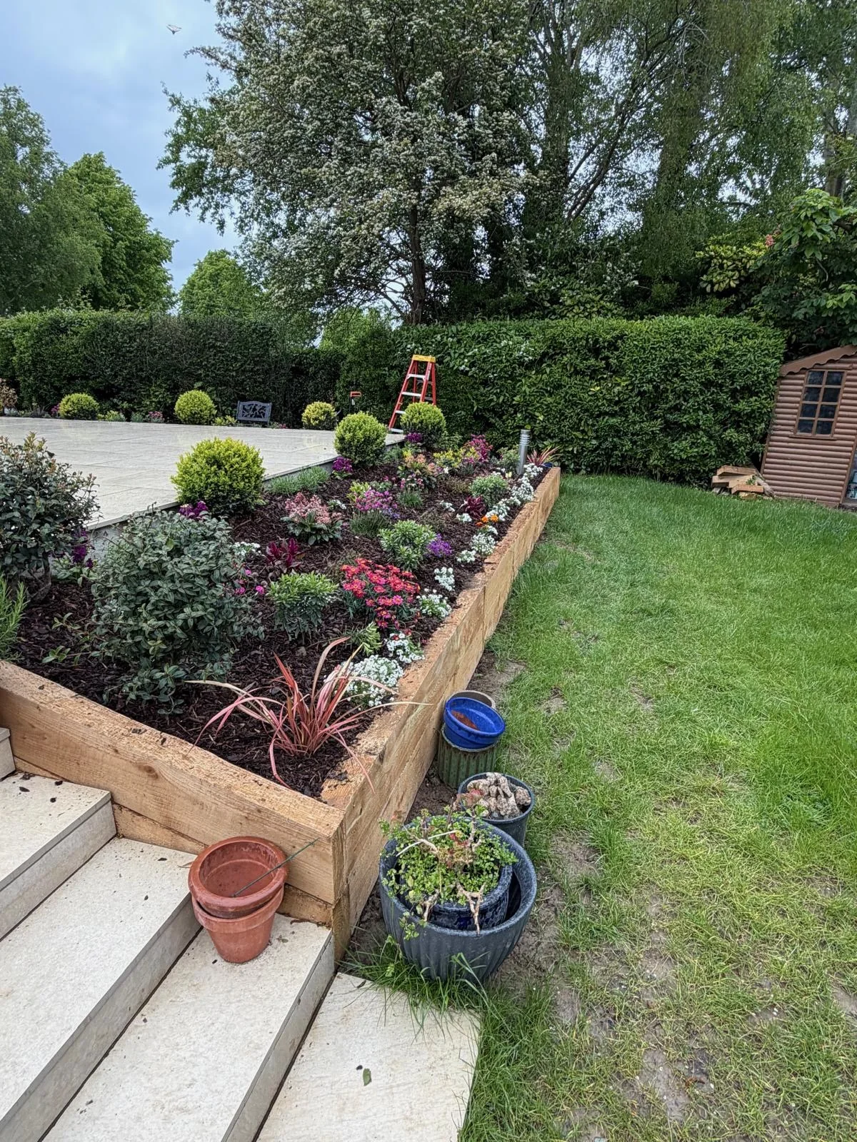 Planted raised bed and patio steps beside a lawn